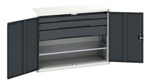Verso kitted cupboard with 1 shelf, 3 drawers. WxDxH: 1300x550x1000mm. RAL 7035/5010 or selected Bott Verso Basic Tool Cupboards Cupboard with shelves